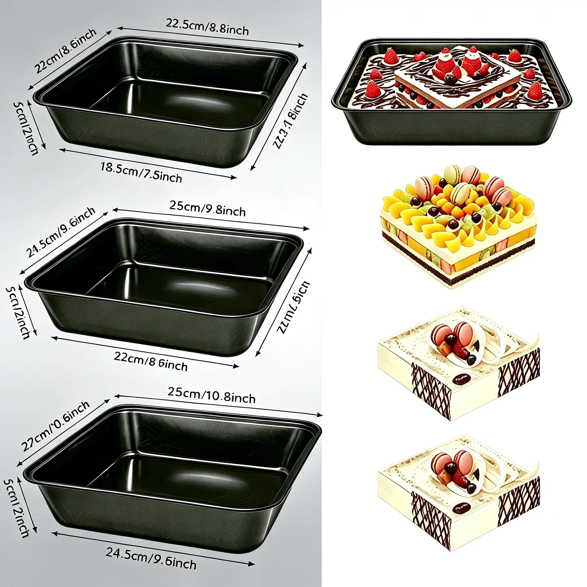 3 Pack Non-Stick Square Baking Pan Set, Heavy-Duty Carbon Steel Brownie Lasagna Cake Trays, 3 Sizes Deep Bakeware, Oven Safe, Easy Clean, Kitchen Baking Accessory for Cakes, Brownies, Casseroles
