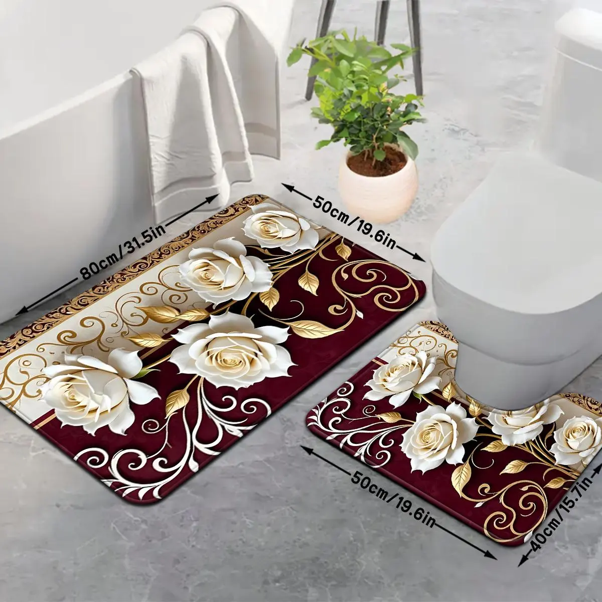 3pcs Valentine'S Series Simple Art Rose Bouquet Pattern Bath Mat Set | Strong Absorbency, Includes U-Shaped Toilet Mat, Suitable for Kitchen, Bathroom Decor, Door Mat, Bedroom Carpet, Outdoor Entrance, Laundry Area, Bed, Shower, Indoor Mat