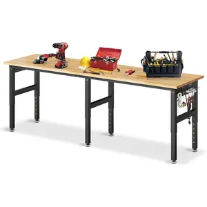 MUWOOD 96" 84" 72" Adjustable Work Bench, 5000 LBS Capacity Heavy Duty Workbench with Power Outlet & Pegboard, Rubber Wood Work Table for Garage, Workshop, Office, Home
