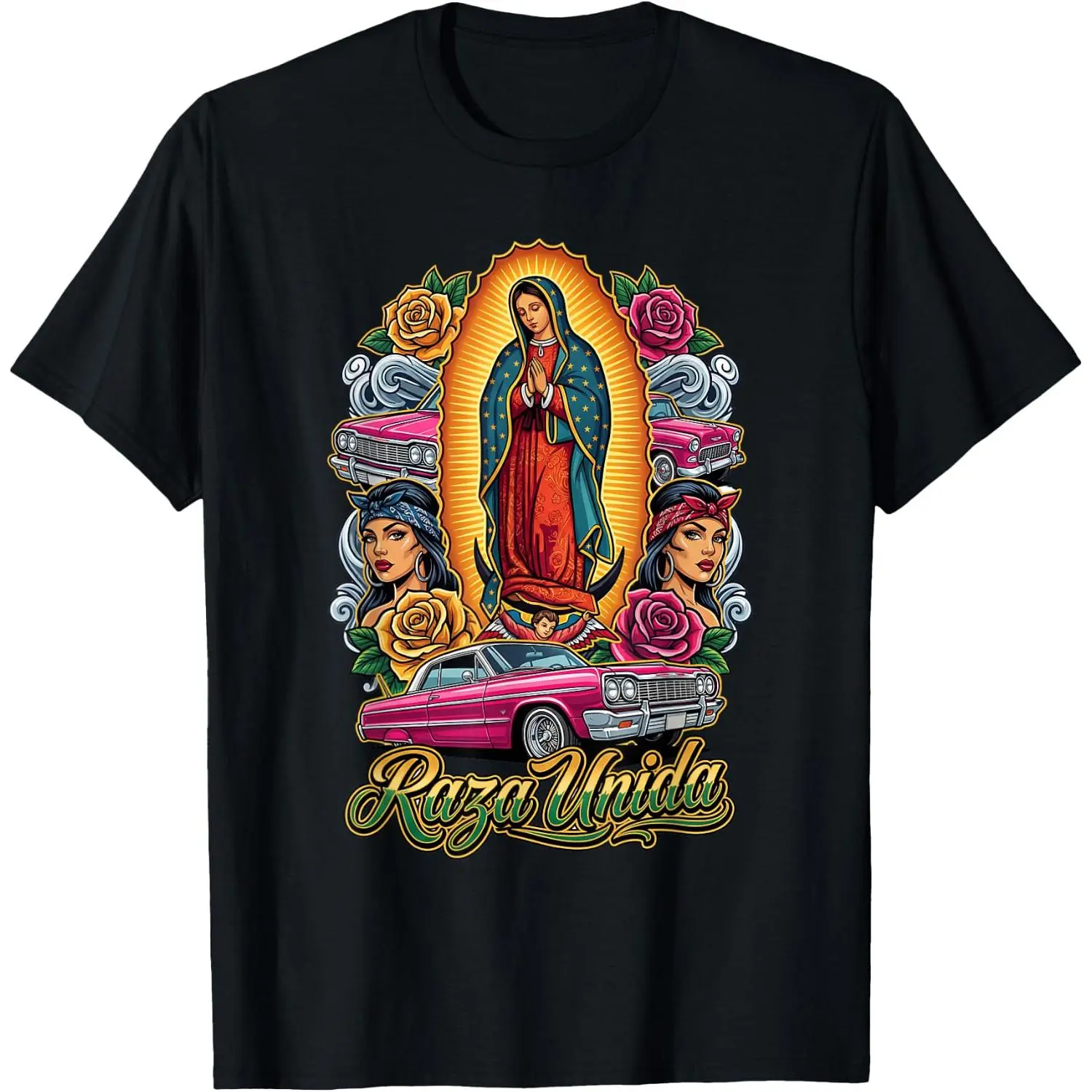 100% Cotton Raza UNIDA Virgen DE Guadalupe Cholo Chicano Art T-Shirt