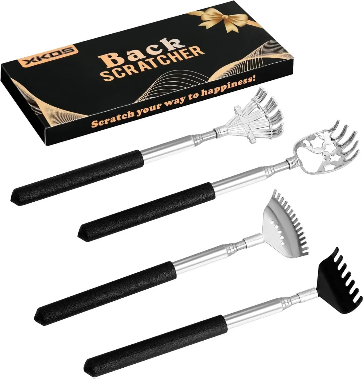 4-Pack Back Scratcher for Itch Relief, Extendable Stainless Steel Manual Massager Gift Set with Rubber Handles and Storage Pouch, 26.7-Inch, Mom, Dad, Grandma, Relaxation