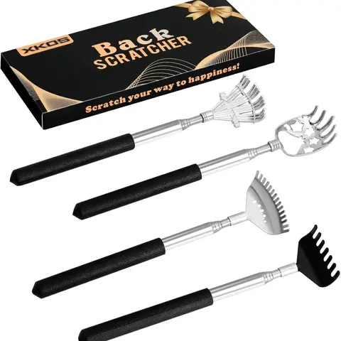 4-Pack Extendable Stainless Steel Manual Massage Backscratchers - 26.7in Back Brush, 7/15/4-Tooth Rake Claws, Rubber Handles, Storage Pouch, Rust-Resistant Anti-Itch Body Care Tool, Holiday Gift Massagers for Mom (Extend Reach Set)