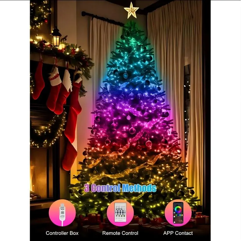 Smart RGB Color Changing Christmas String Lights – Remote & App Controlled,Trendy Decor for Indoor Outdoor Holiday, Xmas Tree & Party Atmosphere colorful light Waterproof DIY Christmas tree decoration fairy lights bedroom Lighted Joy  Switch, Curtain tikt