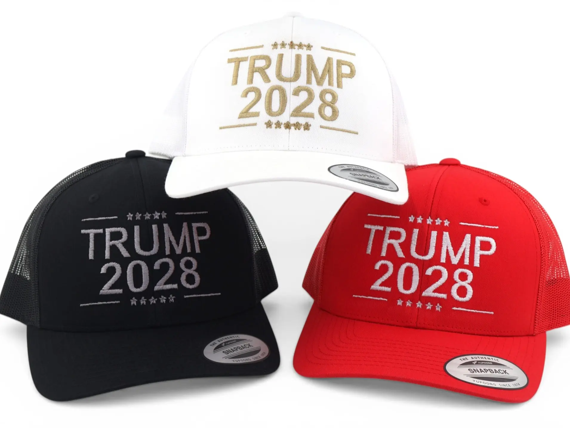 T - 2028 Trump 2028 5 Stars Embroidered Trucker Hat - Unisex Fashionable Structured Snapback Closure Adjustable Visor