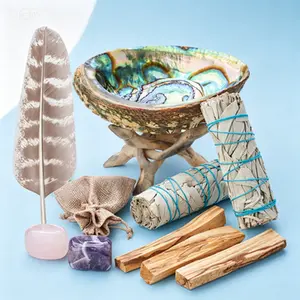 Natural Smudging Kit with White Sage, Palo Santo, Abalone Shell & Stand, Smudge Feather Guide - Smudging Supplies for Cleansing Rituals, Smudge Stick Set with Sage, Reusable Holder & Feather