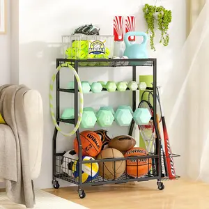 Gym Storage Rack, Dumbbell Rack with Yoga Mat Storage, Weight Rack Stand with Lockable Wheels and Hooks,  Workout Equipment Organizer for Yoga, Dumbbell, Kettlebells, Ball Storage