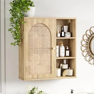 Rattan Bathroom Wall Cabinet with Door, Boho  Wall Cabinets with Adjustable Shelves, Tall Kitchen Wall Mounted Storage Cabinet, Floating Hanging Cabinet Space Saver for Laundry Room,