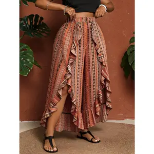 [Plus Size] Ethnic Pattern Ruffle Trim Split Hem Pants, Boho Elastic Waist Trousers for Daily Holiday Vacation Wear, Women's Bottoms for Summer, Bohemian Style, Boho Casual Trousers