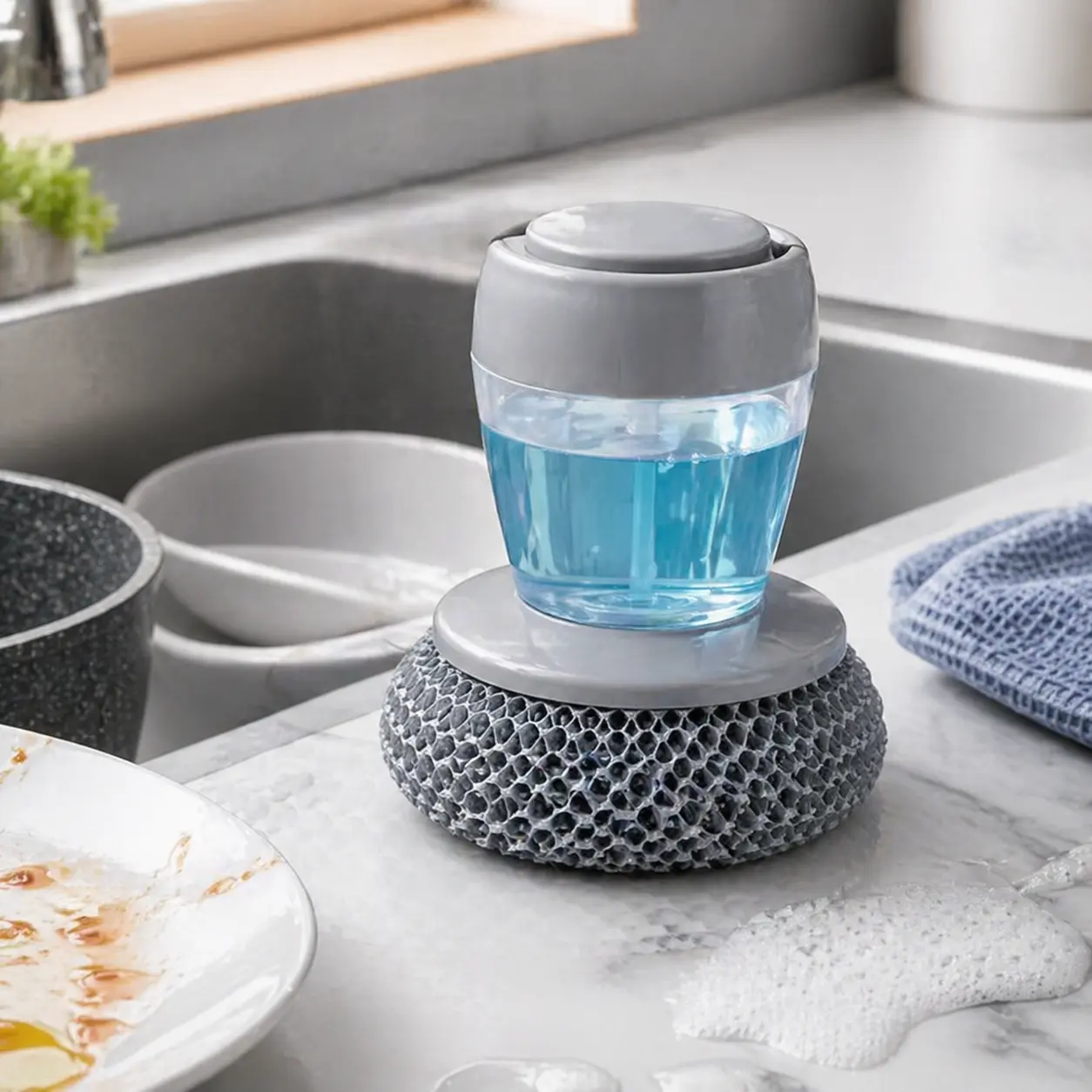 Automatic Liquid Filling Palm Brush with Comfortable Handle for Kitchen, Pot & Bowl Cleaning, Tackles Tough Stains & Grease Removal, Ideal for Stove & Squeegee Applications
