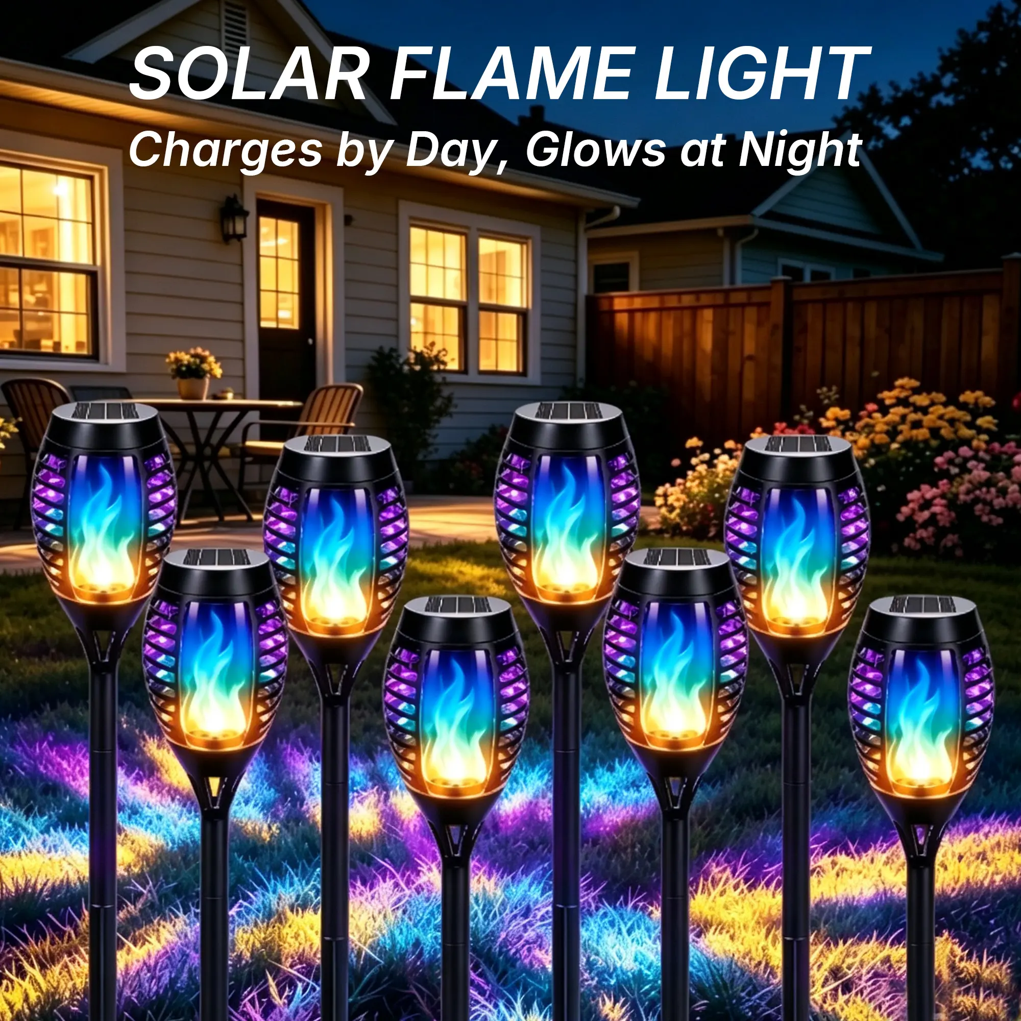 8/16 Pack Solar Flame Torch Lights Outdoor, Flickering Flame Solar Garden Lights with Auto On/Off, IP44 Waterproof Pathway Stake Lights for Yard, Patio, Lawn, Camping, Party & Holiday Decor