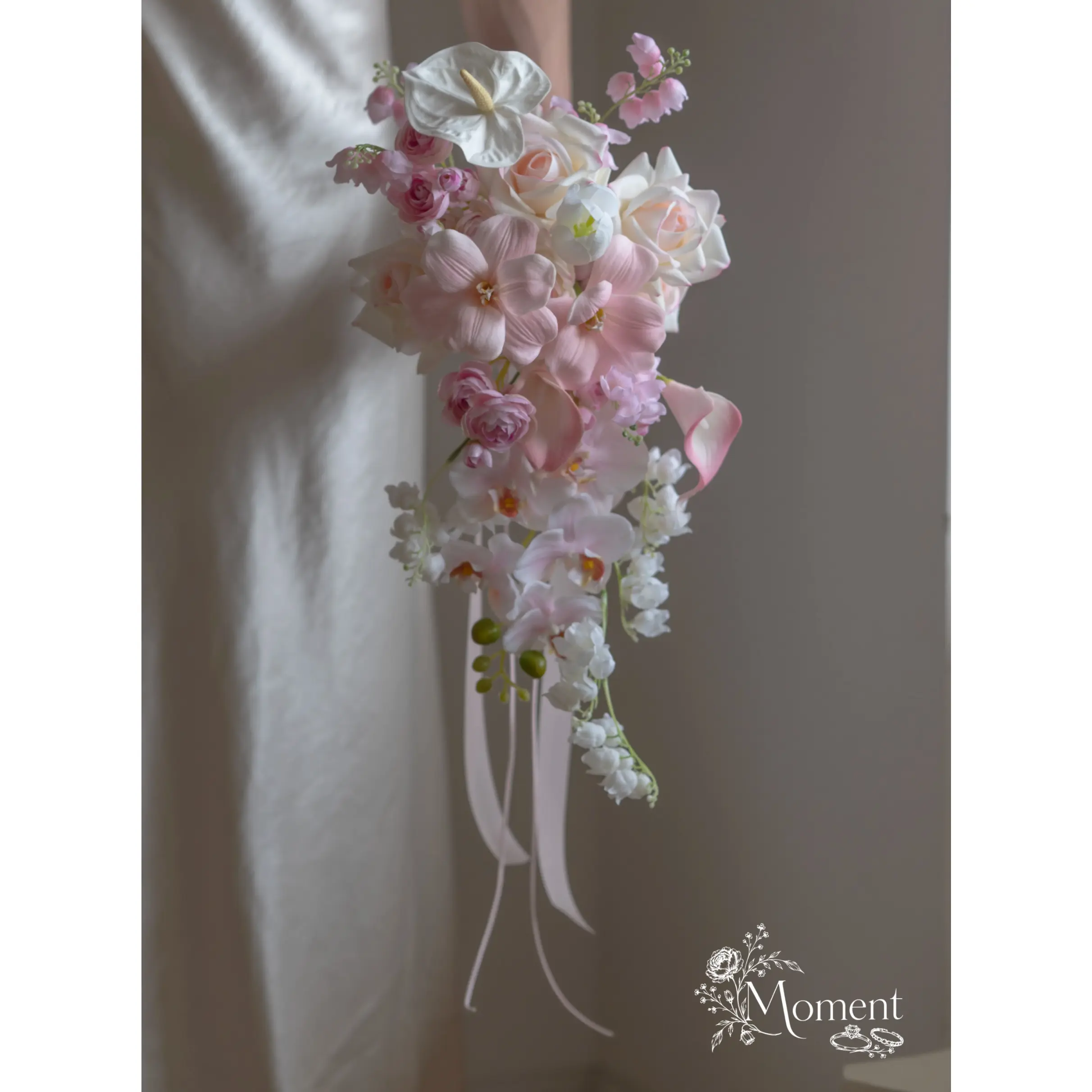 Pink Orchid Teardrop Cascade Bouquet | Waterfall Bridal Arrangement