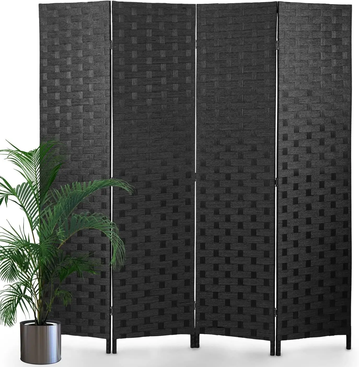 Room Divider,4 Panels 6FT Folding Privacy Screen Room Divider Wall Wood Mesh Hand-Woven Design Freestanding Partition Portable Wall for Home Office Bedroom(Black)
