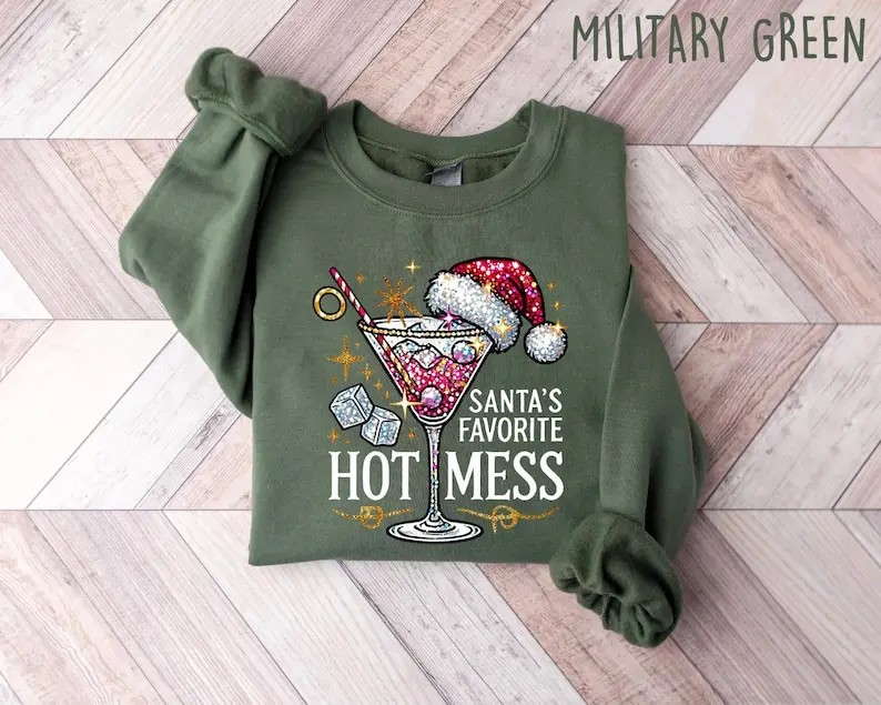 Santa's Hot Mess Sweater, Christmas Martini Hoodie, Faux Glitter Christmas Drink Sweater,Christmas Party Sweatshirt, Drink Sweater For Women