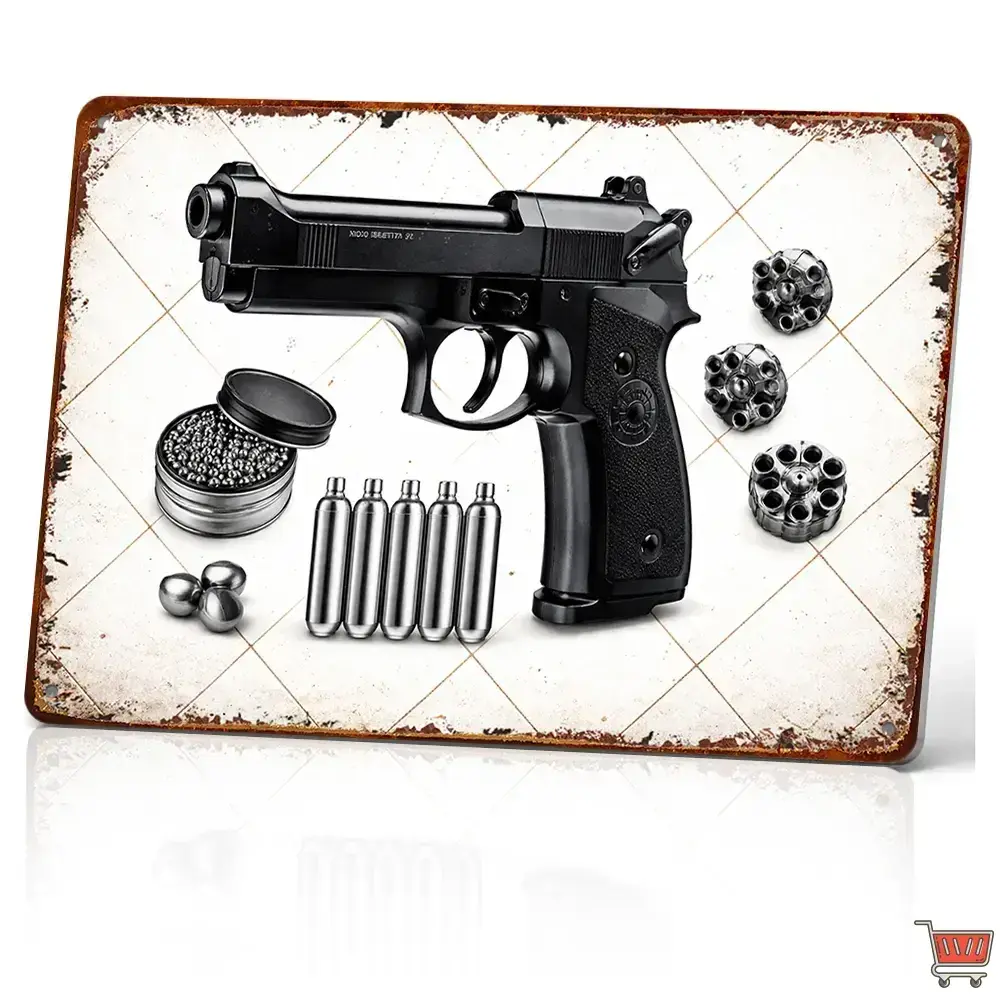 Vintage Beretta Handgun Art Plaque - Lightweight UV-Printed Aluminium Home Decor Sign, Adult Collectibles, Room Accessories, Ideal for Fall Hunting Season & Gun Collection Display