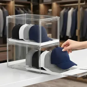 Hat Organizer for Baseball Caps: 2 Pack Stackable Clear Display Box with Slide Drawer &  Door - Holds up to 16 Caps, Dust-Free, Tool-Free Assembly