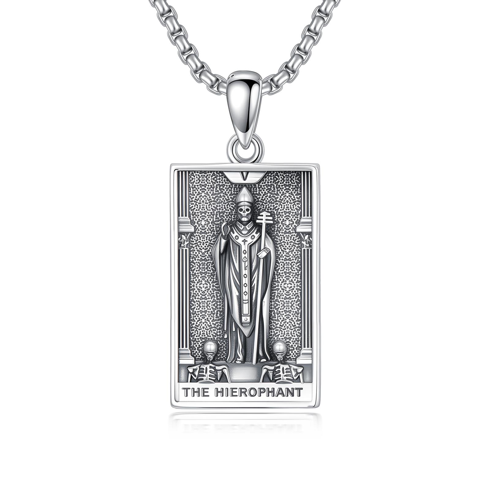 MEIDERBO Dream Chaser The Hierophant Necklace 925 Sterling Silver Oxidized Finish Tarot Pendant Stainless Steel Bead Chain 22+2 Inch Bella Chain Spiritual Jewelry