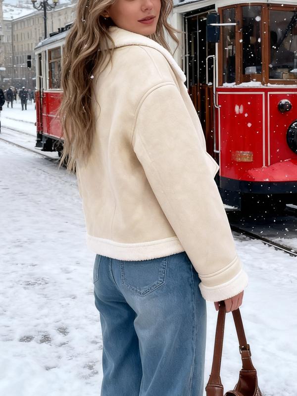 Women's casual loose fur coats, short lamb wool jackets, bomber jackets, flight jackets, with zipper closures, large lapels and side pocket designs, fashionable cold-resistant coats, street-style long-sleeved tops Outerwear