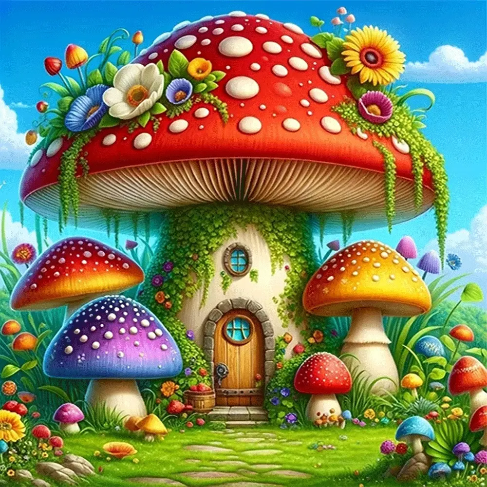 1PC 5D diamond painting 2D flat printing Magical Mushroom House Diamond Painting Kit with Colorful Flowers and Toadstools for Adults Kids DIY Craft Home Wall Decor Gift Idea