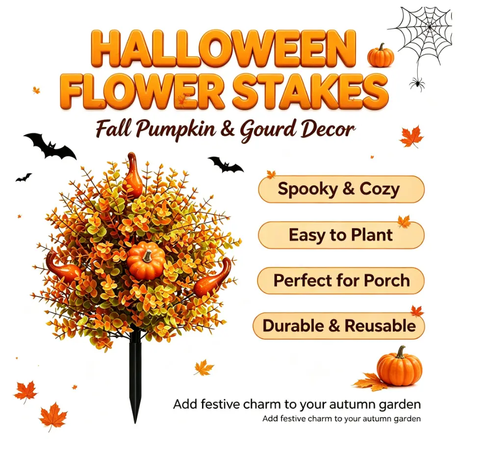 Fall Halloween Artificial Eucalyptus Pick, Orange Pumpkin Gourd Floral Stem, Autumn Fake Leaf Bouquet Branch for Front Porch Vase Table Centerpiece Thanksgiving Halloween Home Decor