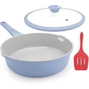 10 Inch Non Stick Ceramic Frying Pans with Lid, 4 QT Nonstick Deep Frying Pan Skillet, Saute Pan with Detachable Handle, Compatible with  Stoves, Oven Safe, PTFE & -Free, Blue