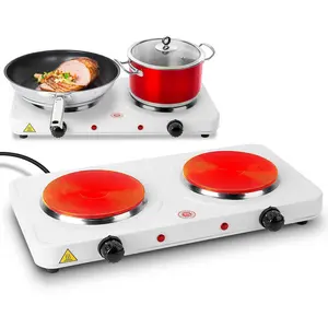 Hot Plate, 2000W Portable Electric Stove for Cooking with 5 Levels Adjustable Temperature & Dual Control, Countertop Double Coil Burner Cast Iron Cooktop for All Cookwares RV Home Camp (White)