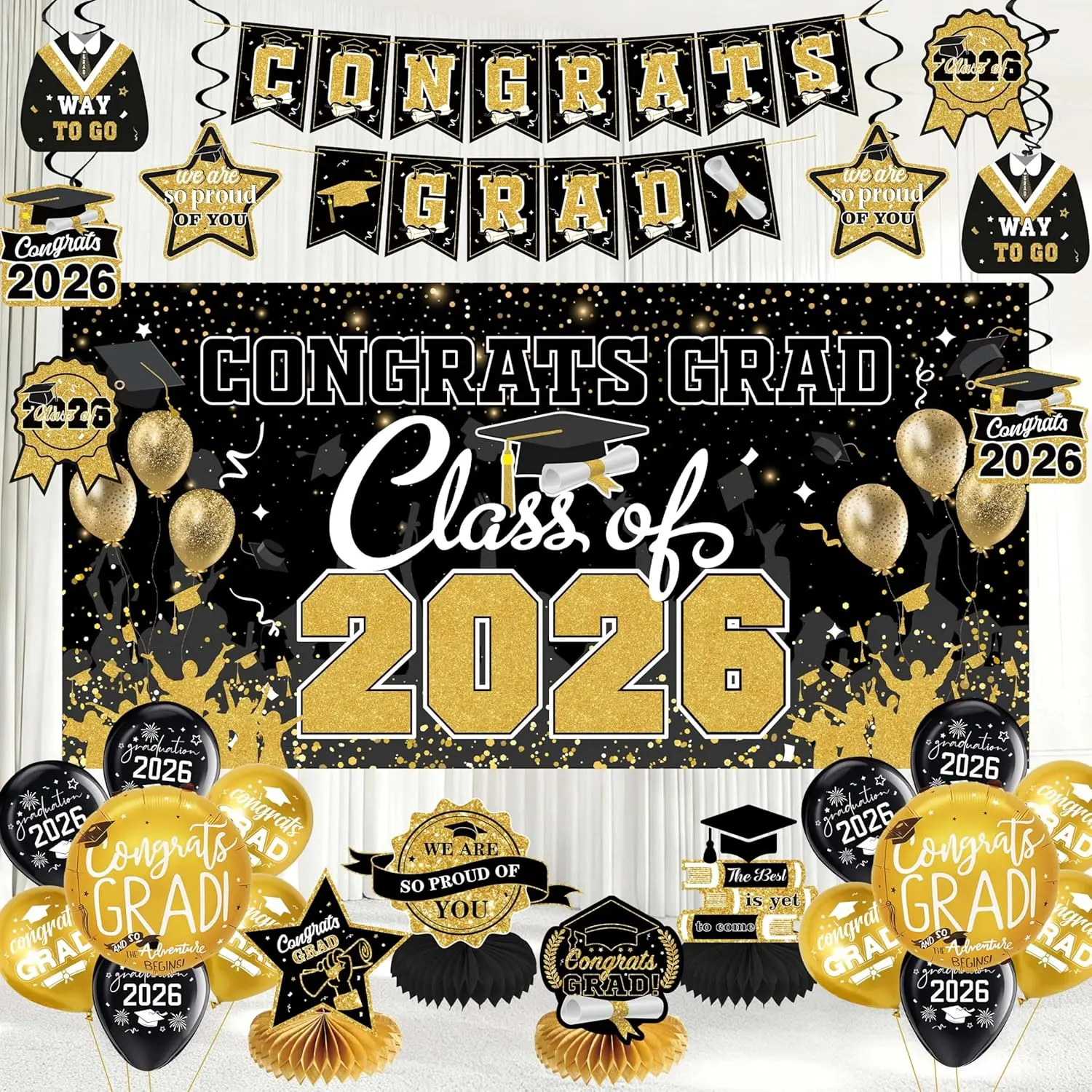 2026 Black Graduation Decorations Kit - Synthetic Home Supplies Party Decor, Metallic Lightweight Backdrop Banner, Swirls, Honeycomb Centerpieces, Round Foil Balloon Decor for Masters College PhD Parties (Ideal for Backyard Fence Display), Polyester, Iron