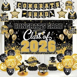 Black and  Graduation Decorations 2026 Class of 2026 Backdrop Banner - Includes  Swirls, Honeycomb Centerpieces, Round Foil Balloons - Masters College PhD Party Supplies