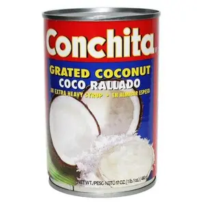 Grated coconut in syrup by Conchita.  17 oz