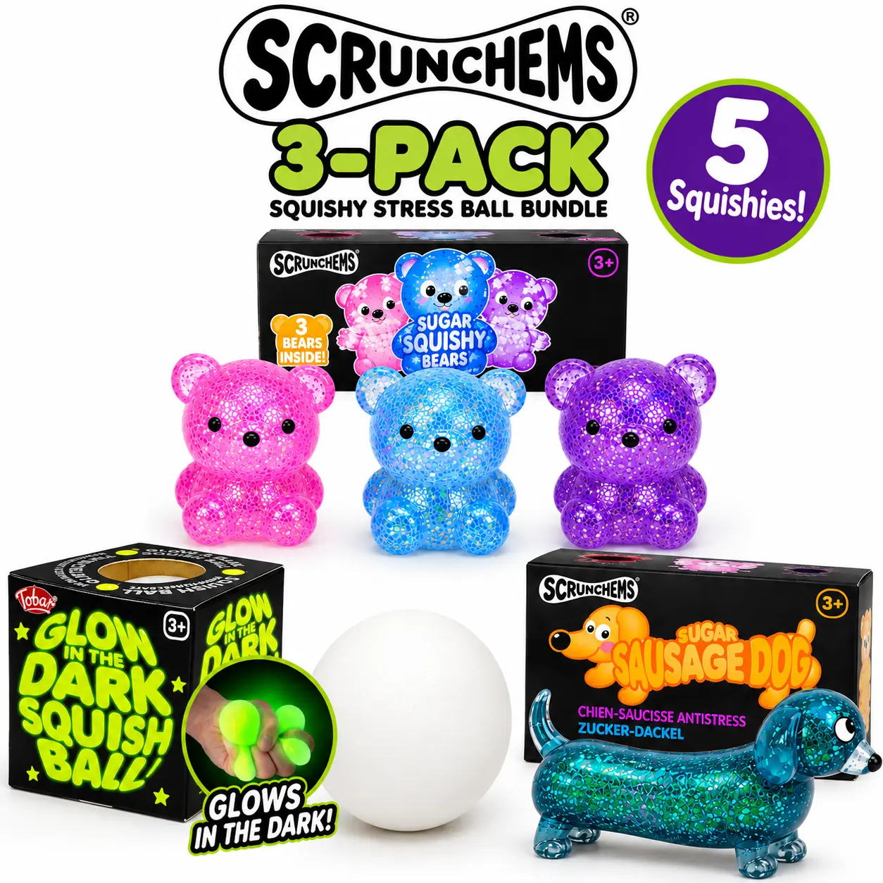 Scrunchems by One For Fun UK 3-Pack Squishy Fidget Toy Bundle – 5 Squishies Total, Glow-in-the-Dark Ball, Sugar Sausage Dog & 3 Mini Diddy Bears