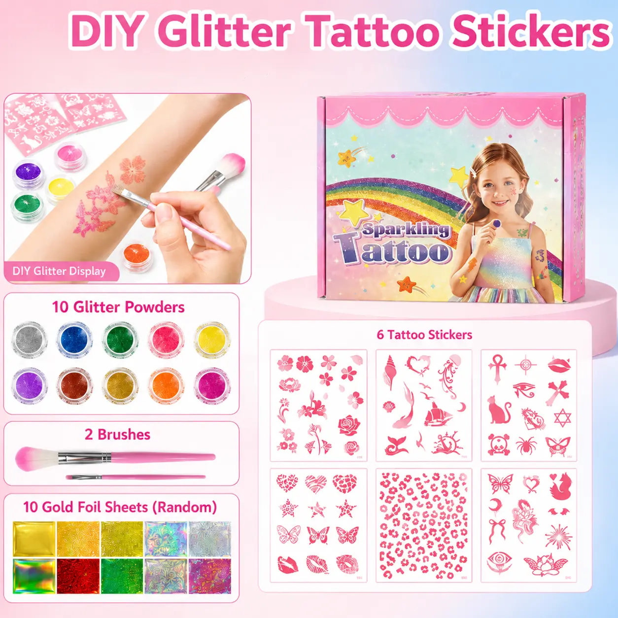 【Summervibes】6 Sheets Glitter Tattoo Stencil Kit with Butterfly, Flower and Trendy Designs,Ideal for Parties, Concerts, Festivals, Kids Events and Graduation Gifts