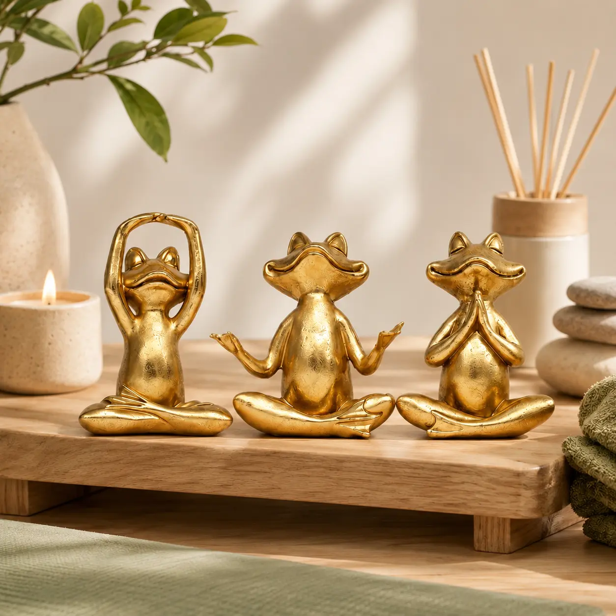 Golden yoga frog statue, cute resin meditation frog ornament, Zen-inspired desk organizer, small animal sculpture suitable for home, office, and living room, a mindful gift for frog enthusiasts
