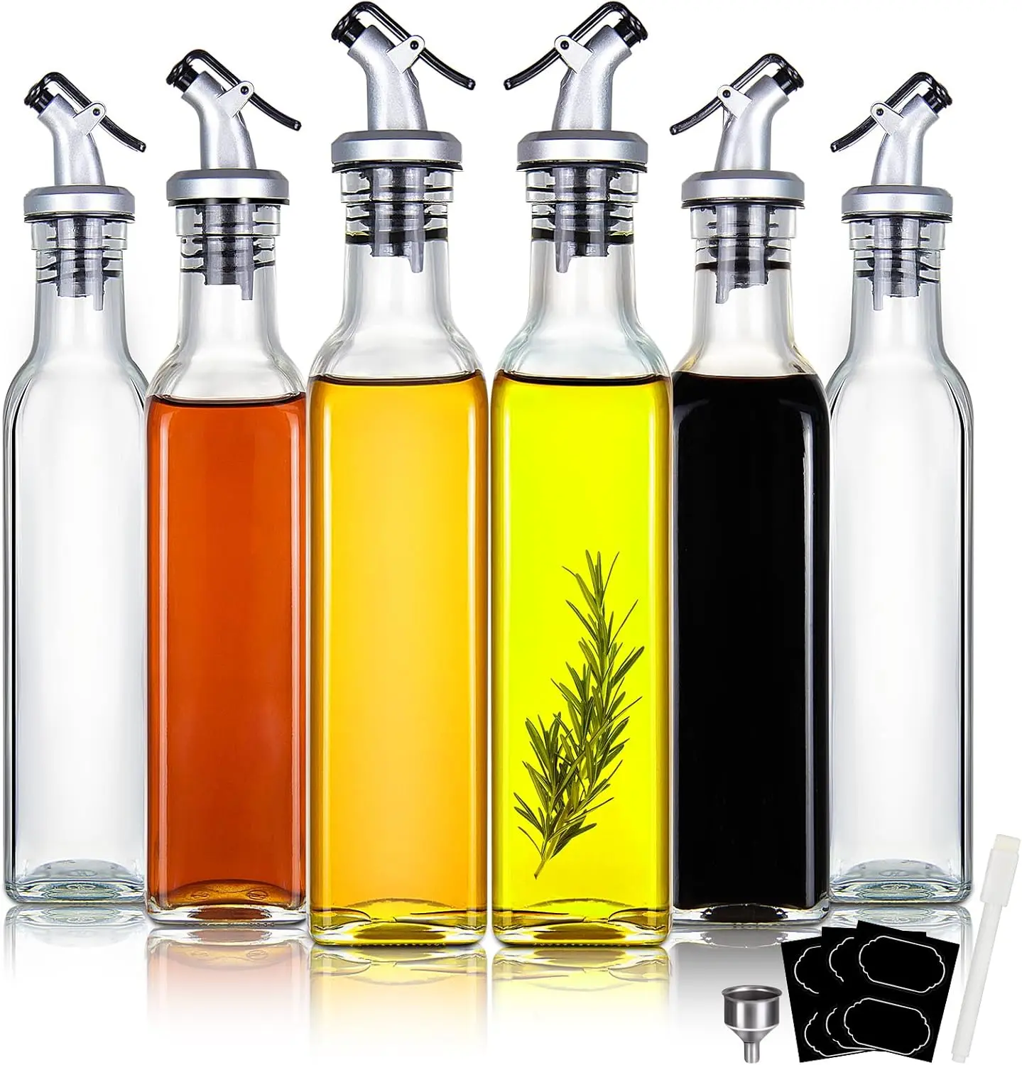 8oz Clear Glass Olive Oil Dispenser Bottles, and Vinegar  Bottle Includes Pourers, Funnel Labels, Cooking Container for Kitchen 6 Pack