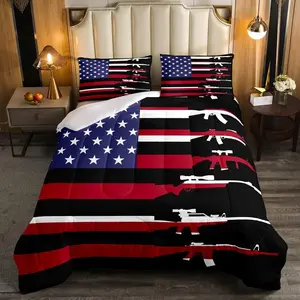 American Flag Comforter Set,Army Guns Military Bedding Set,Man Red Blue Stars Stripe USA Flag Bedding Comforter,Soldier Rifle Quilt Duvet Set