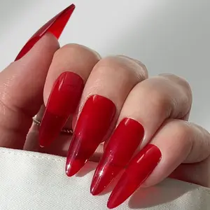 Red Jealous Press-on Nails - Glossy Translucent Jelly-Like Red Tint Stiletto Shape High-Gloss Finish Complete Kit for Instant Glamour