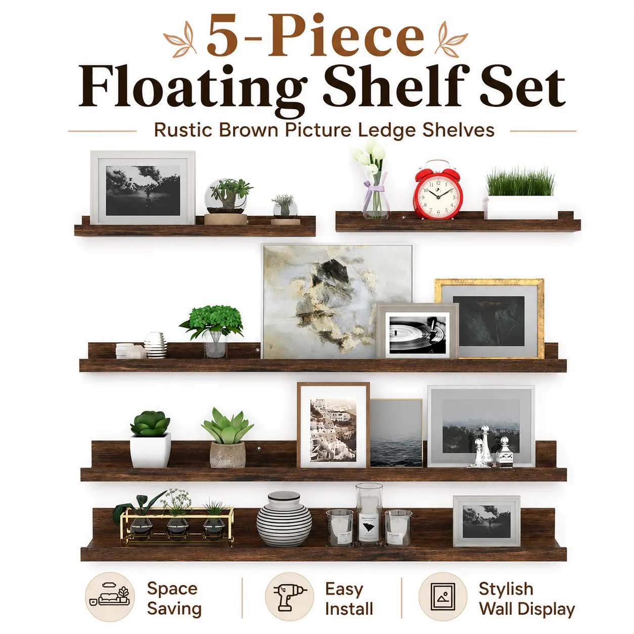 Giftgarden 47-in Durable Wooden Floating Shelf Set (5 Pcs) - Rustic Brown Wall Mounted Organizer, Easy Installation, Classic Home Decoration for Bedroom Storage & Displaying