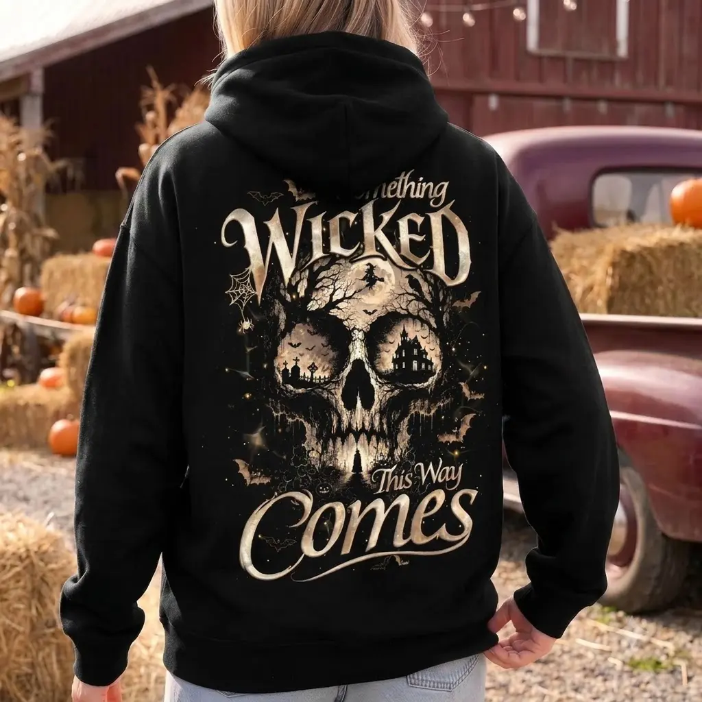 Something Wicked This Way Comes Graphic Apparel, Gothic Skull T-Shirt Sweatshirt Hoodie, Vintage Spooky Quote Back Print, Unisex Halloween Style Clothing Gift