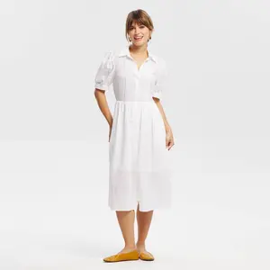 Women's Puff Short Sleeve Eyelet Midi Shirtdress - Universal Thread White XS