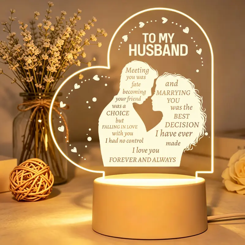 Heart Silhouette Couple Acrylic LED Night Light with Engraved Love Quote - USB Powered Decorative Lighting for Husband, Anniversary Wedding Gift, Bedroom Home Decor (Creates Warm Night Ambience & Warm Love Glow), Led Decoration