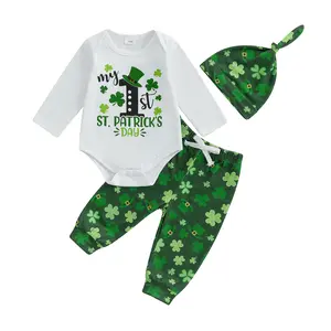 Canrulo Newborn Baby Boy St. Patrick's Day Clothes Outfit Four Leaf Clover Print Romper with Pants Hat 3Pcs Set