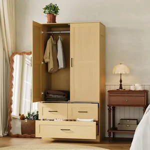 YJ-Garvee Wooden Armoire Wardrobe Closet with 3 Drawers and 2 Doors, Freestanding Design Featuring a Hanging Rod, Ideal for Bedroom Storage and Organization
