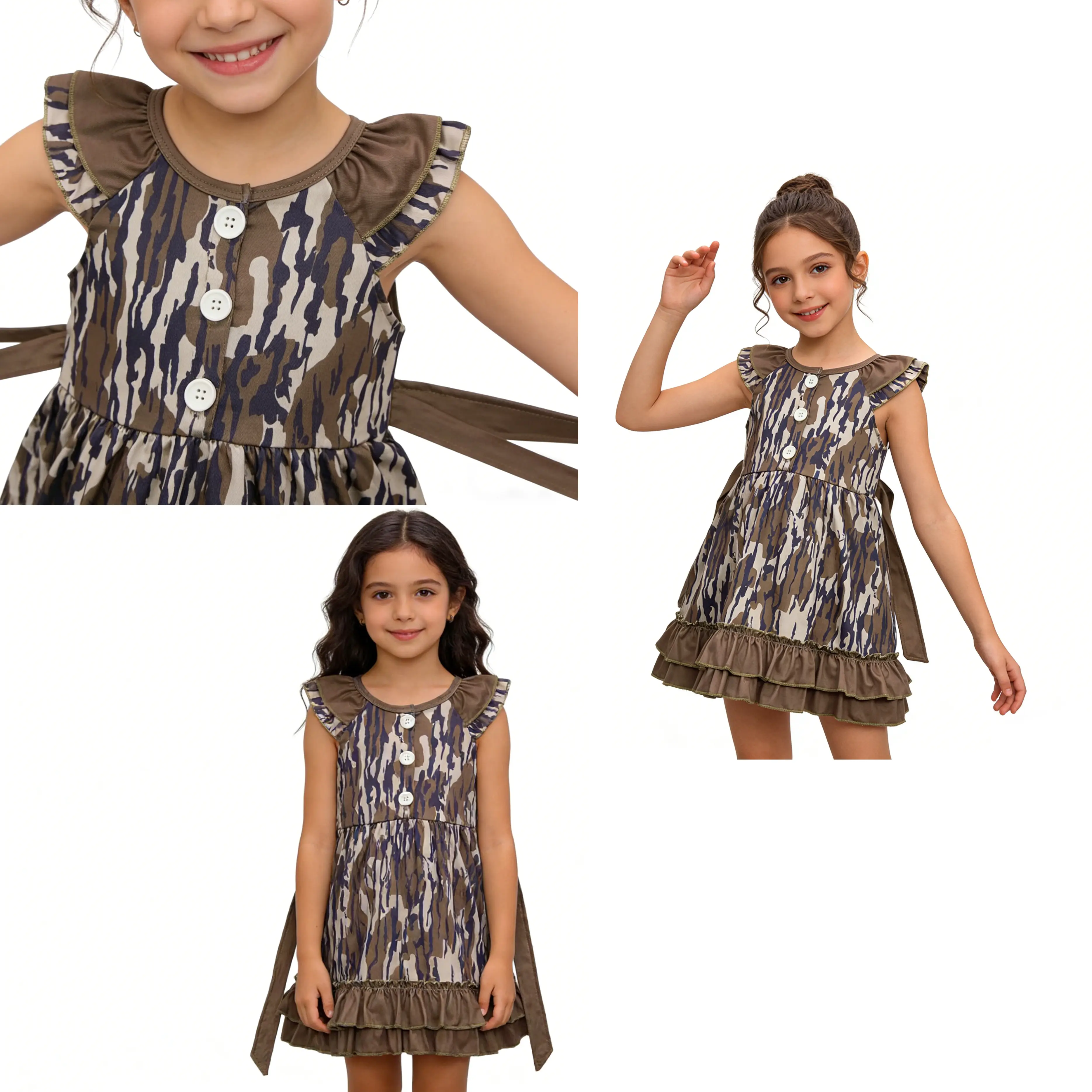 Camo Print Long-Sleeve Flowy Flying-Sleeve Mini Streetwear Casual Summer Dress for Girls, Dresses for Kids