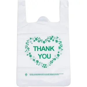 Thank You T Shirt Bags White Plastic Grocery Bags with Handles,Standard Supermarket Size, 12 x 20 inch (50 pcs)