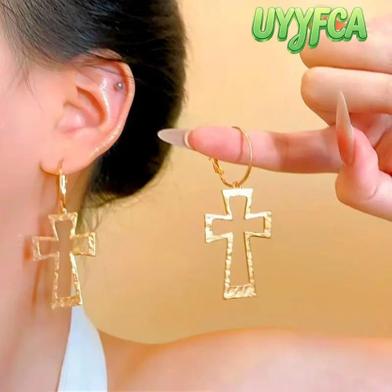 Female Hammered Open Cross Hoop Earrings - Elegant Fashion Statement Dangle Drop Jewelry with Gold/Silver Tone Textured Cross Pendant for Daily Wear, Parties, Gifting (No Excessive Promotions), Party, Friends, Cross Texture
