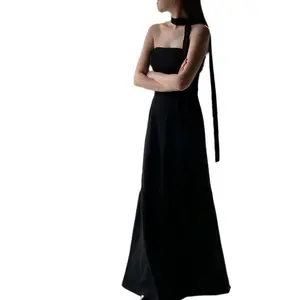Black Strapless Korean Minimalist Evening Dress – High-End Banquet Gown, Slimming Forest Light Wedding Dress for Women, Birthday Ceremony