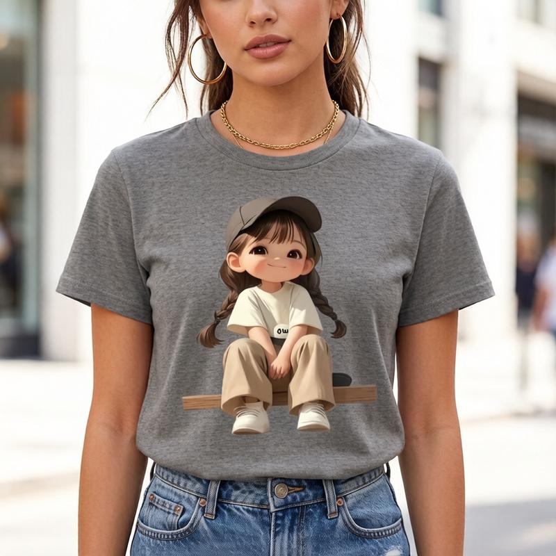 Women's Heather Gray Oversized Round Neck Short-Sleeve Basic Korean Cropped Fitted Cut Soft Cotton T-Shirt - Plus Size, Cute Cap Style, Lightweight, Viral Cartoon Graphic Print, Heat Transfer, TikTok Aesthetic Casual Valentine's Day Top