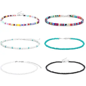 4-12 Pieces Boho Seed Bead Choker Necklaces for Women Handmade Turquoise Beach Beads Jewelry Set Adjustable 11.8 inches with 3.9 inches Extension Chain