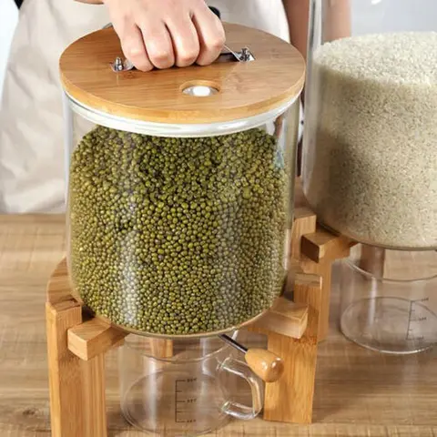 CNCEST Wooden Hermetic Food Storage Jar with Cross Frame, 5L/7L Dry Cereal Countertop Holder, Bamboo Grain Finish, Glass Lid, Bottom-Valve Dispense, Easy-Fill Clean Food-Safe Kitchen Utensils for Home Decor Items