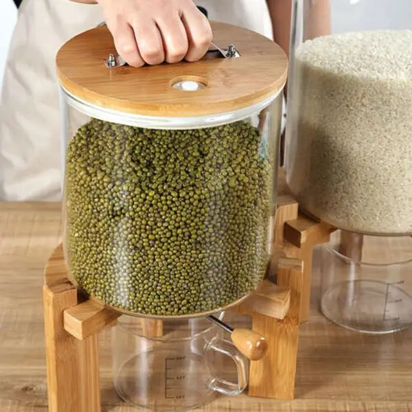 CNCEST Wooden Airtight Self-Dispensing Food Container, 5L/7L Large Dry Storage with Bamboo Grain Finish & Glass Lid, Food-Safe Kitchen Preserving Accessory for Cereal, Airtight Food Containers