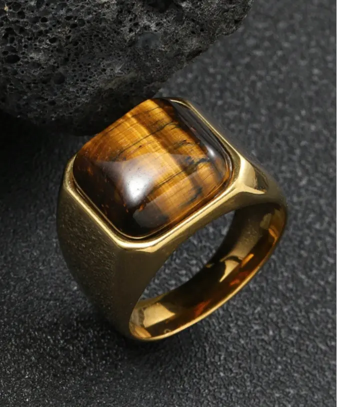 Tiger Eye Stone Ring for Men & Women – Natural Gemstone Stainless Steel Thick Band Ring, Vintage Punk Biker Fashion, Unisex Couple Ring, Friendship & Gift Jewelry