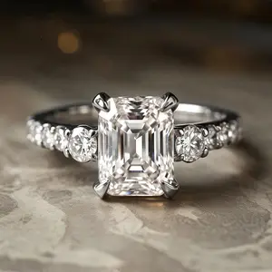 Stunning Emerald Cut CZ Statement Ring |   14K White Gold Plated Round Accent Shank |   Sparkling Bridal Jewelry for Her